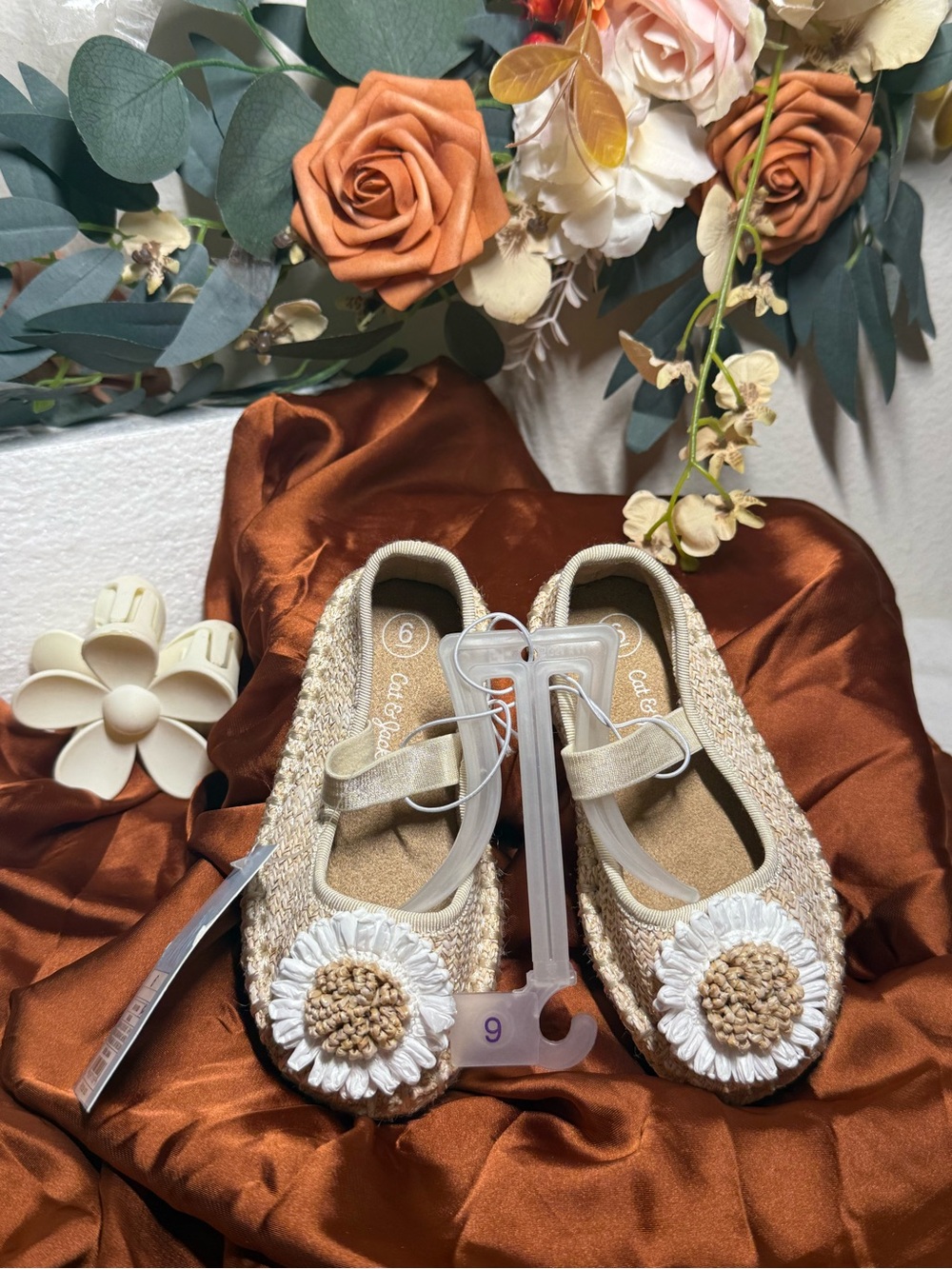 Cat & Jack Beige Floral Crochet Flats